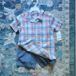 OshKosh B'gosh Multicolor Plaid Button Down Shirt with Blue Shorts